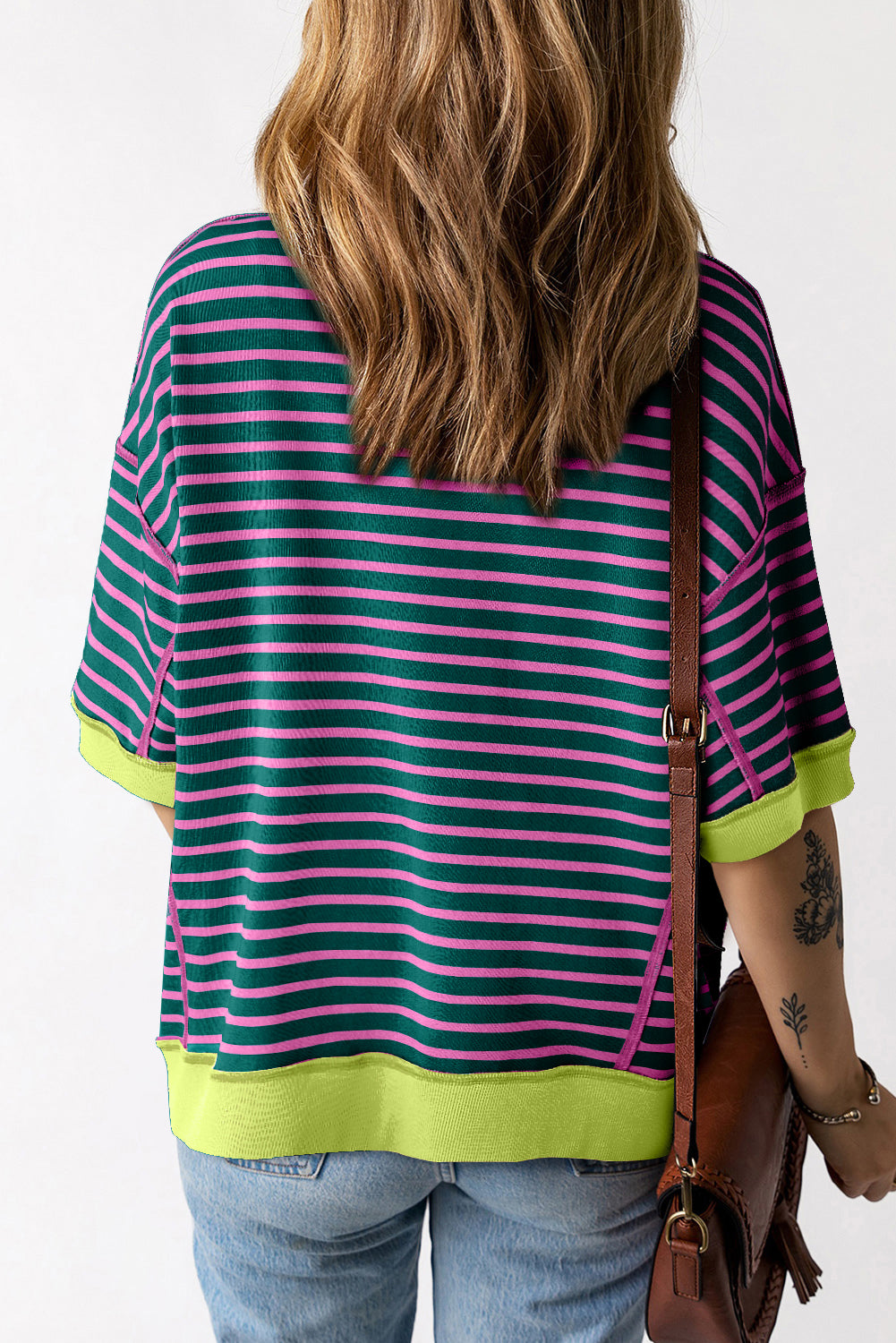 Stripe Colorblock Drop Sleeve Oversized T Shirt