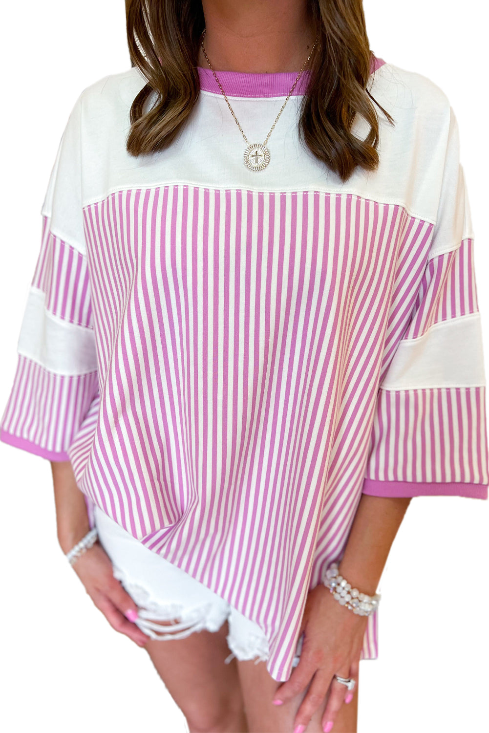 Curvy Pink Stripe Patchwork Bracelet Sleeve T Shirt