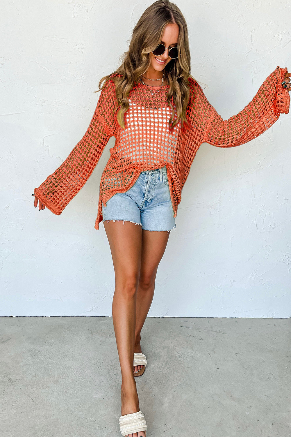 Knit Cut Out Crochet Long Sleeve Tunic Top