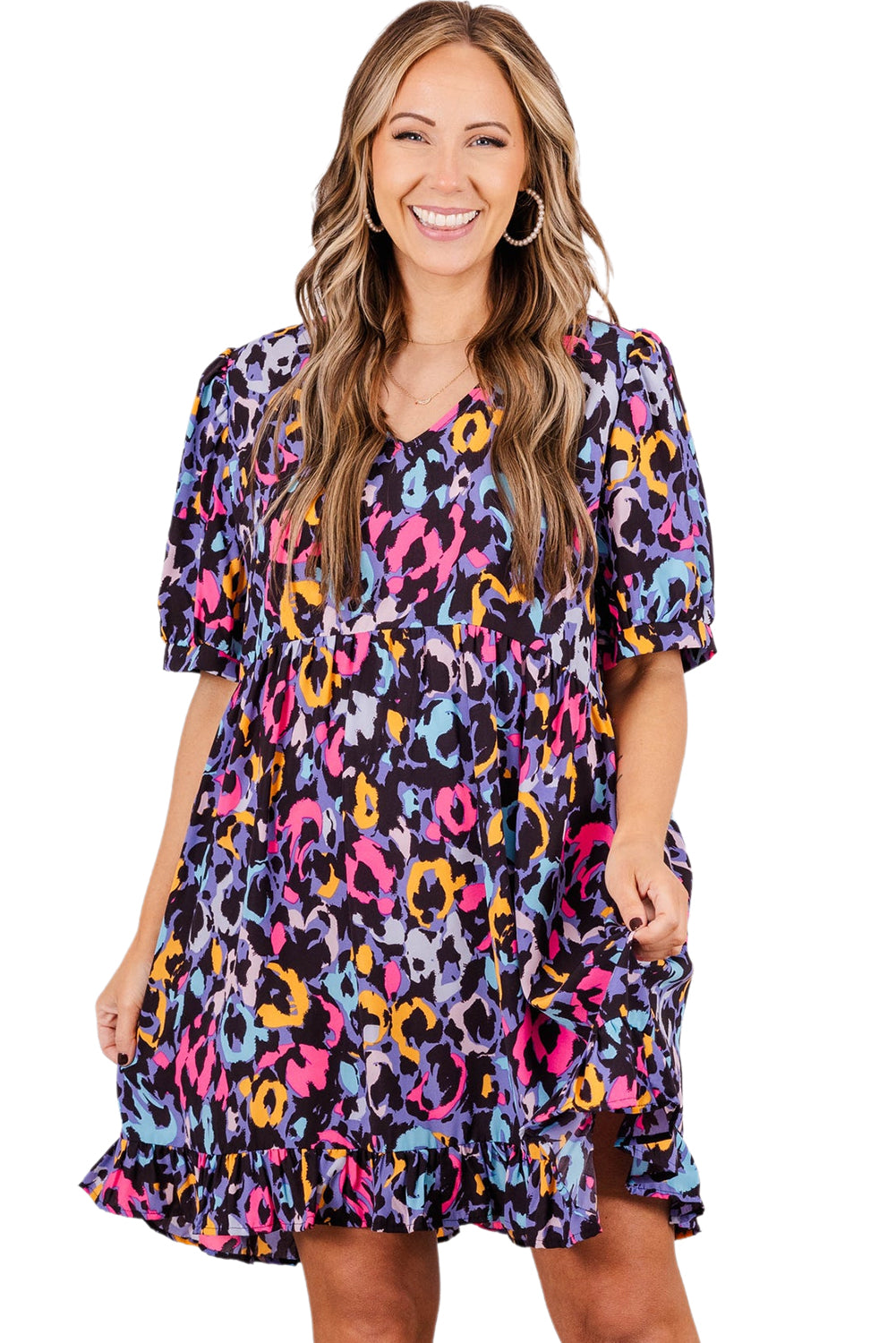 Purple Leopard Print Ruffled V Neck Plus Size Mini Dress