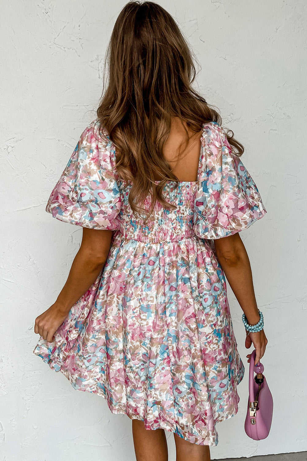 Floral Lantern Sleeve Square Neck Ruffled Mini Dress