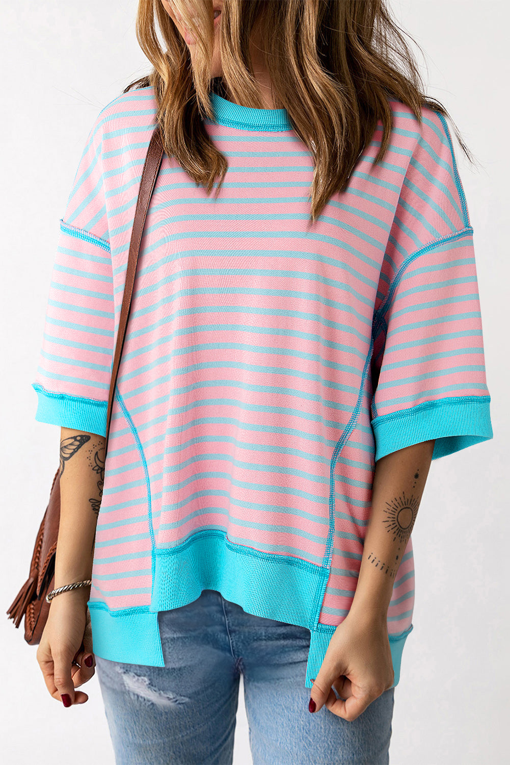 Stripe Colorblock Drop Sleeve Oversized T Shirt