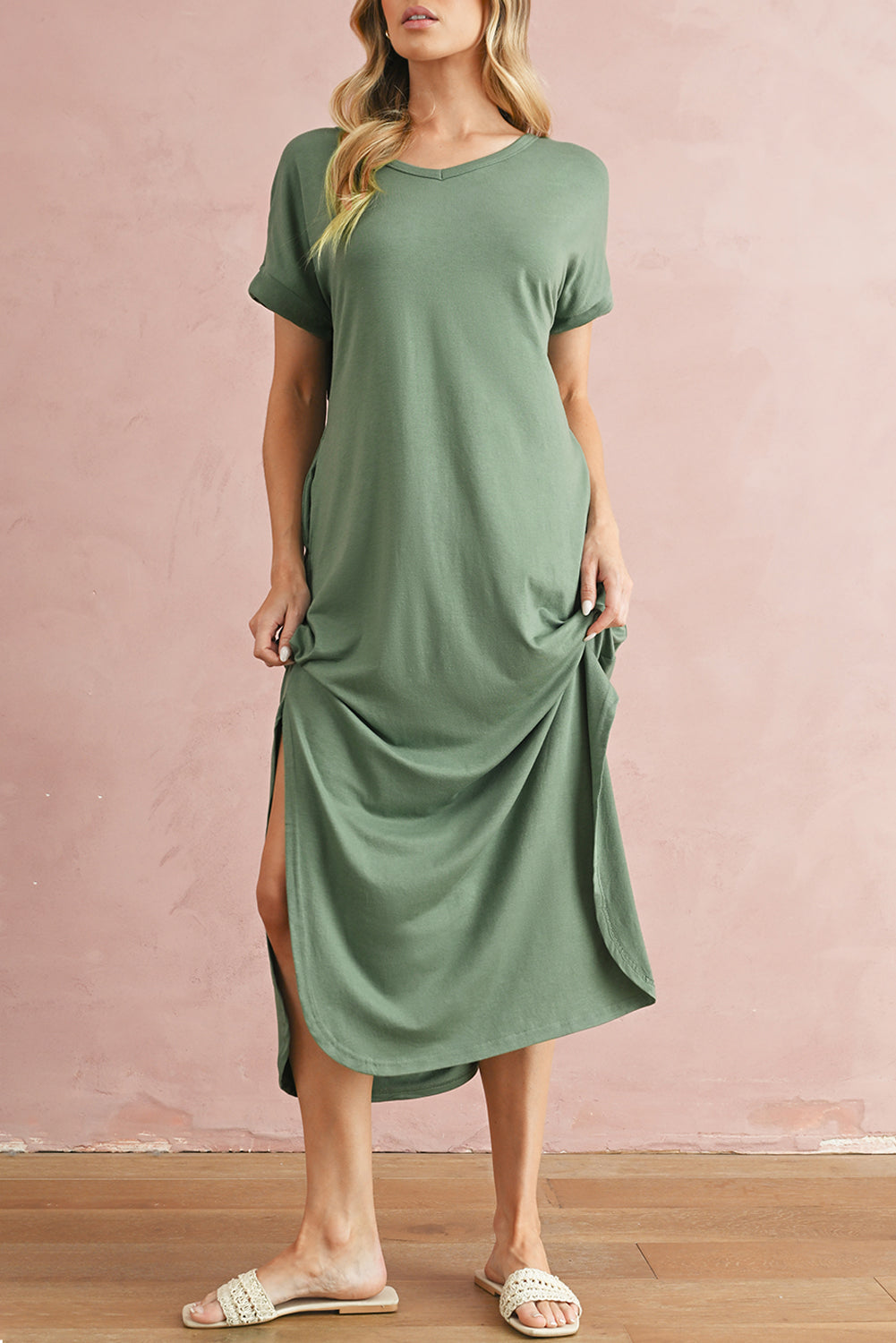 Solid Color Hidden Pocket V Neck Slit Maxi Dress