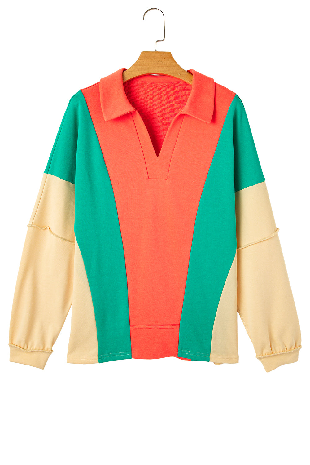 Green/Orange Color Block Patchwork Collared V Neck Loose Top