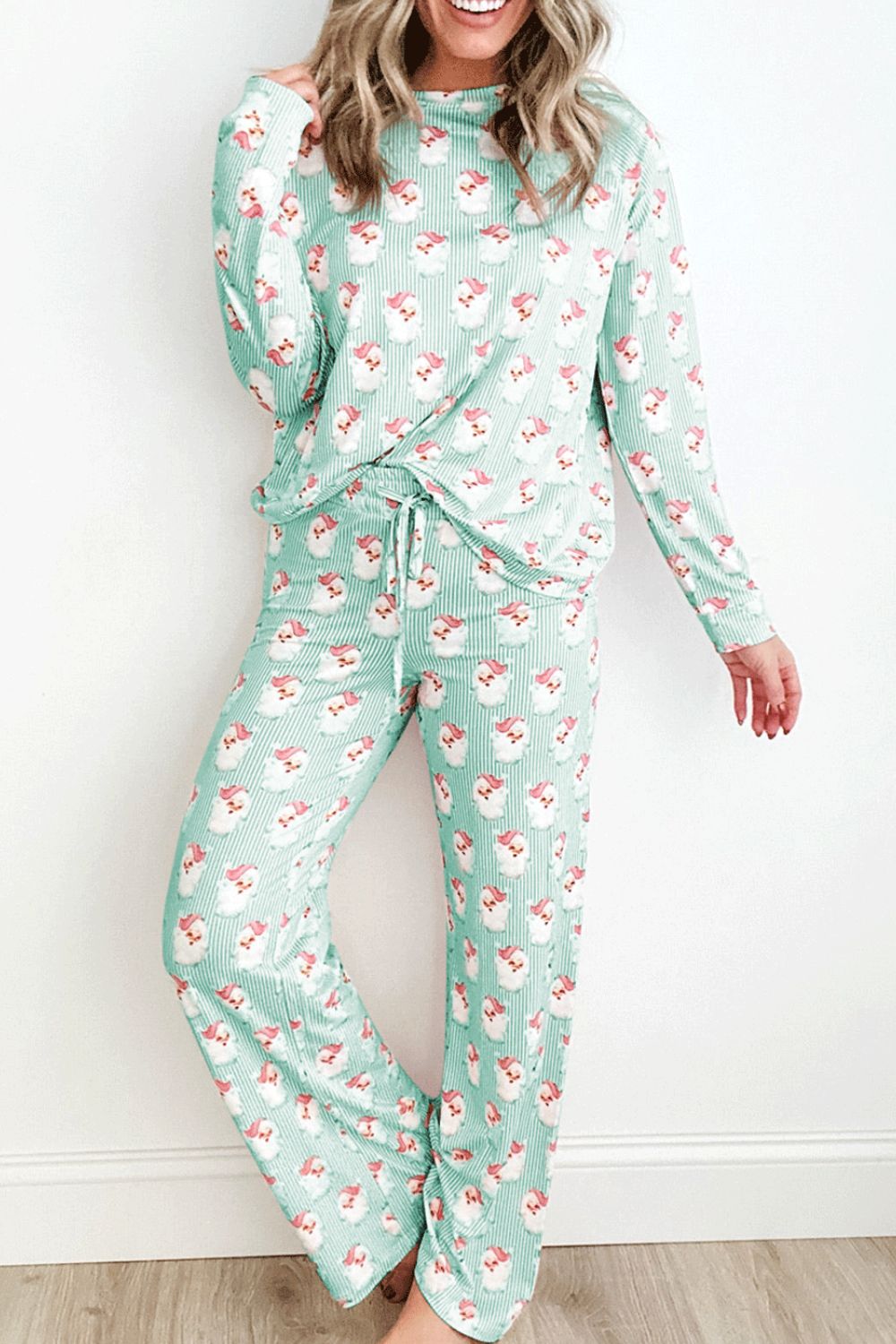 Santa Print Long Sleeve Top and Pants Lounge Set