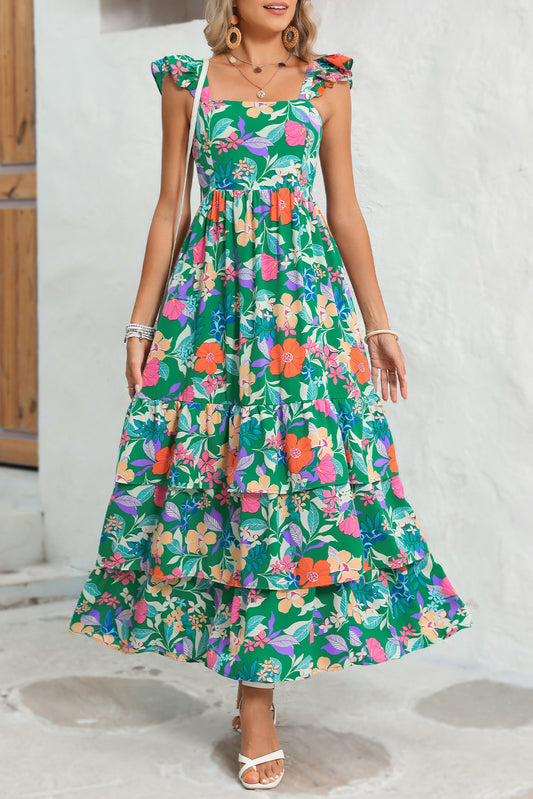 Boho Floral Print Ruffle Sleeveless Tiered Maxi Dress