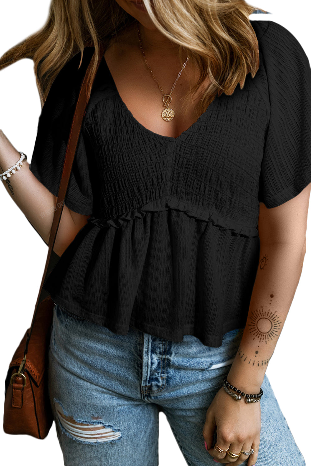 Shirred V Neck Short Flutter Sleeve Textured Blouse