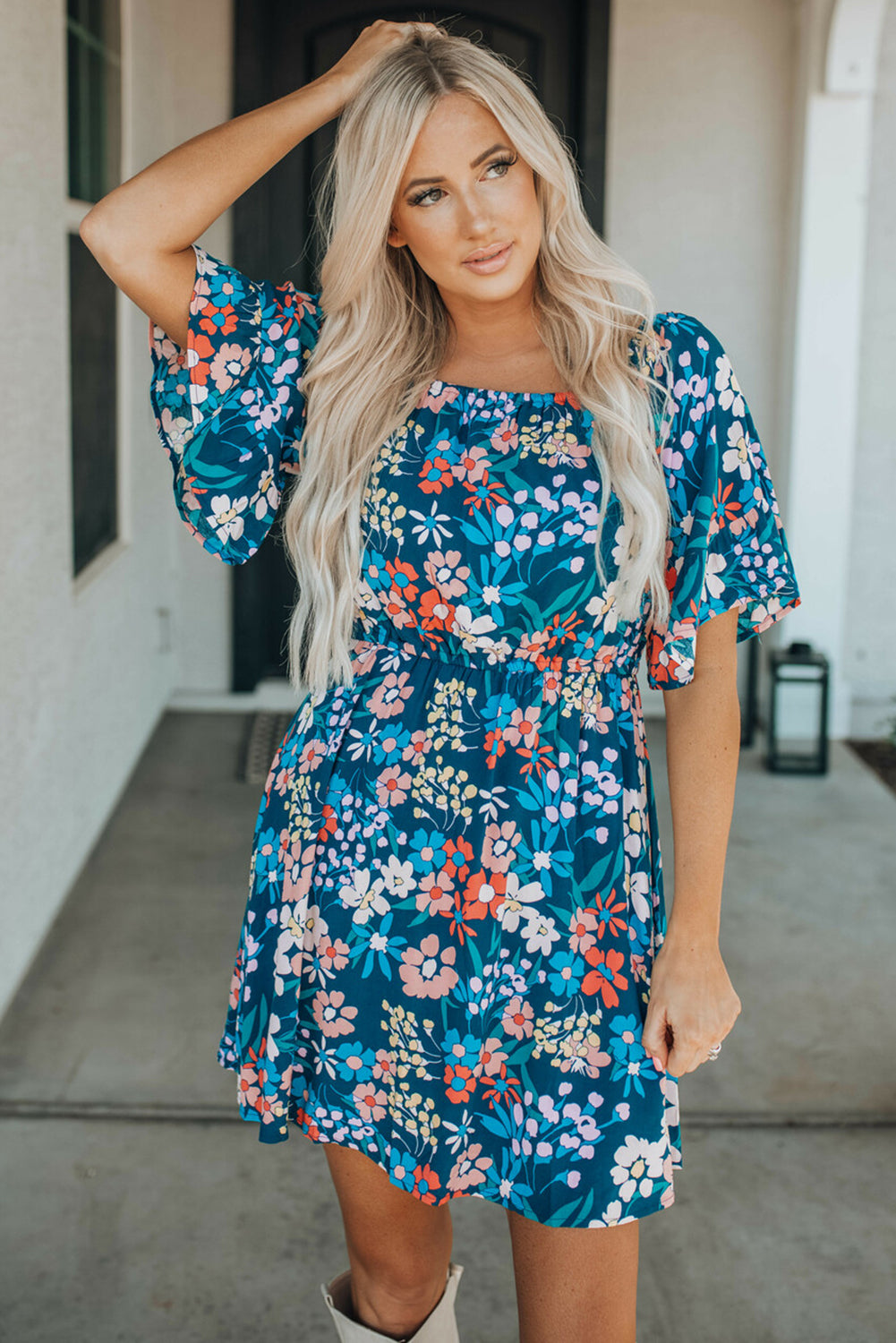 Bohemian Floral Print Off Shoulder Short Dress