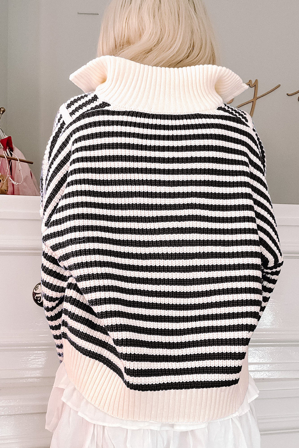 Striped Zip Up Collar Drop Sleeve Sweater