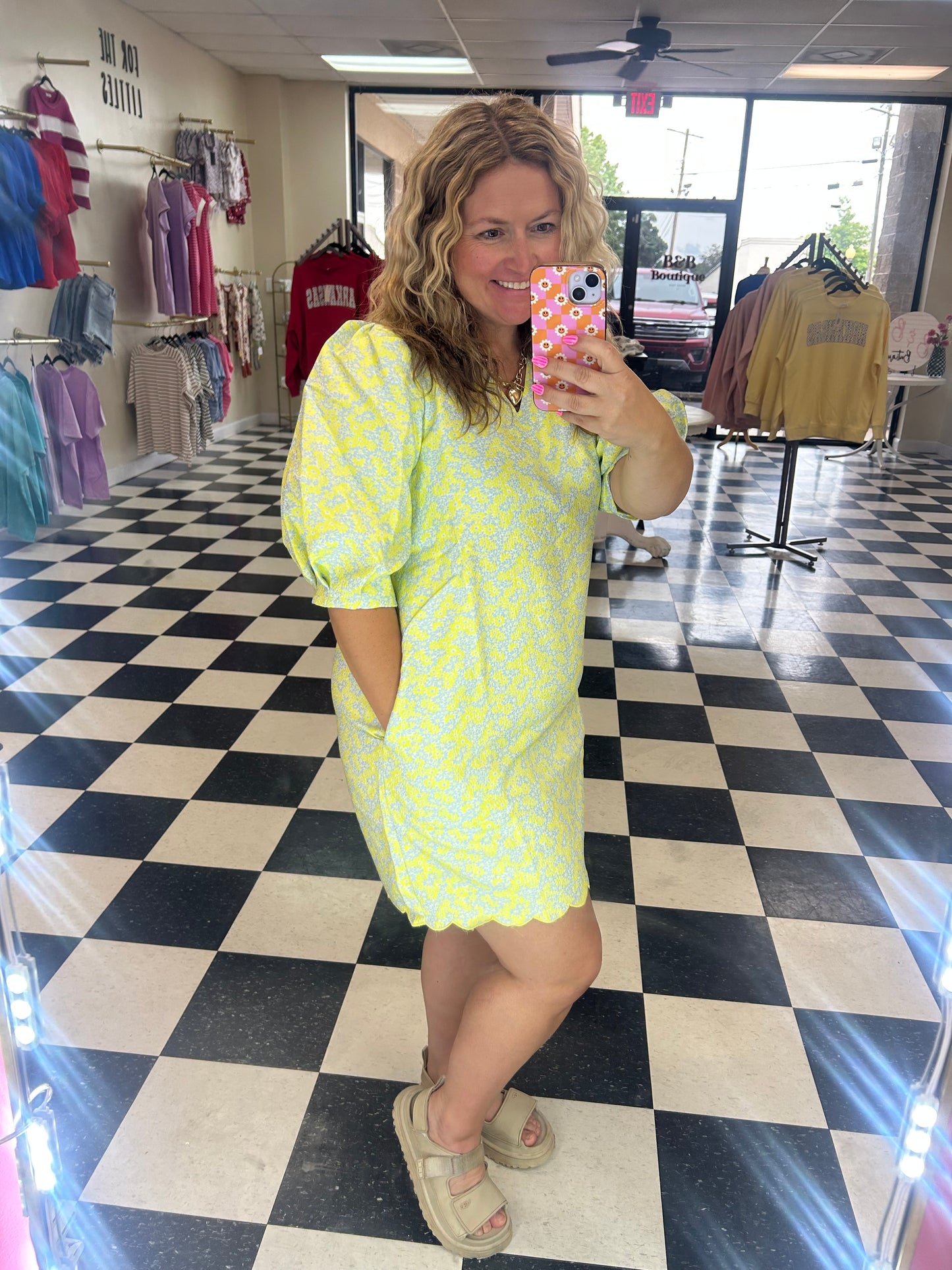 YELLOW AND GRAY FLORAL JACQUARD PUFF SLEEVE DRESS