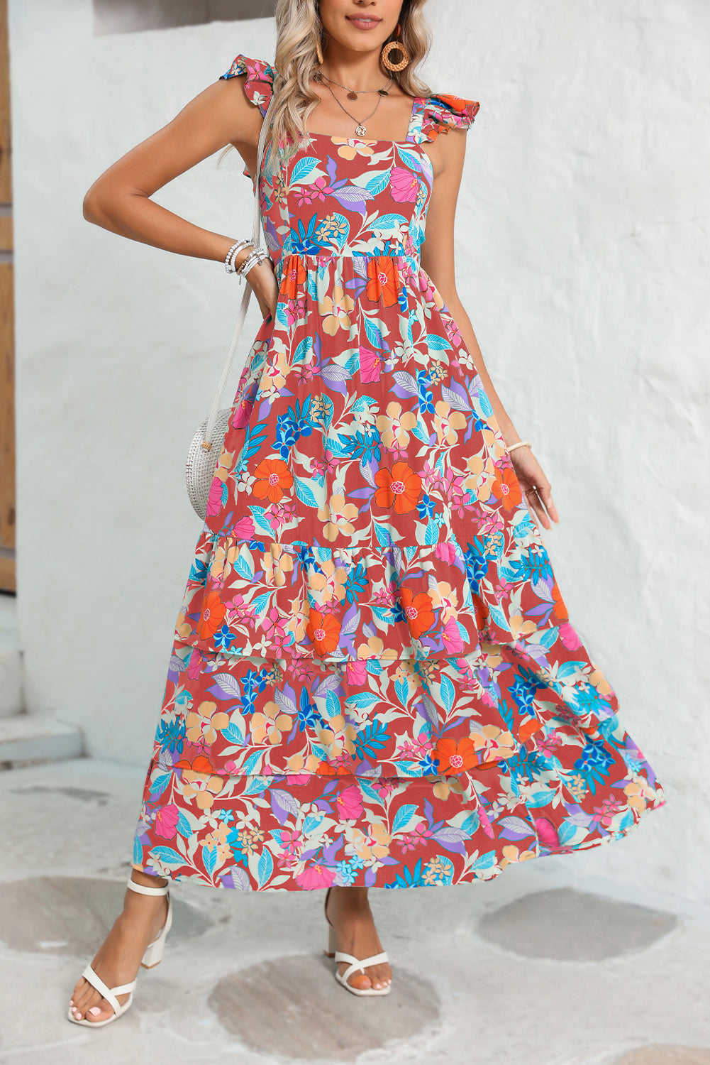 Boho Floral Print Ruffle Sleeveless Tiered Maxi Dress