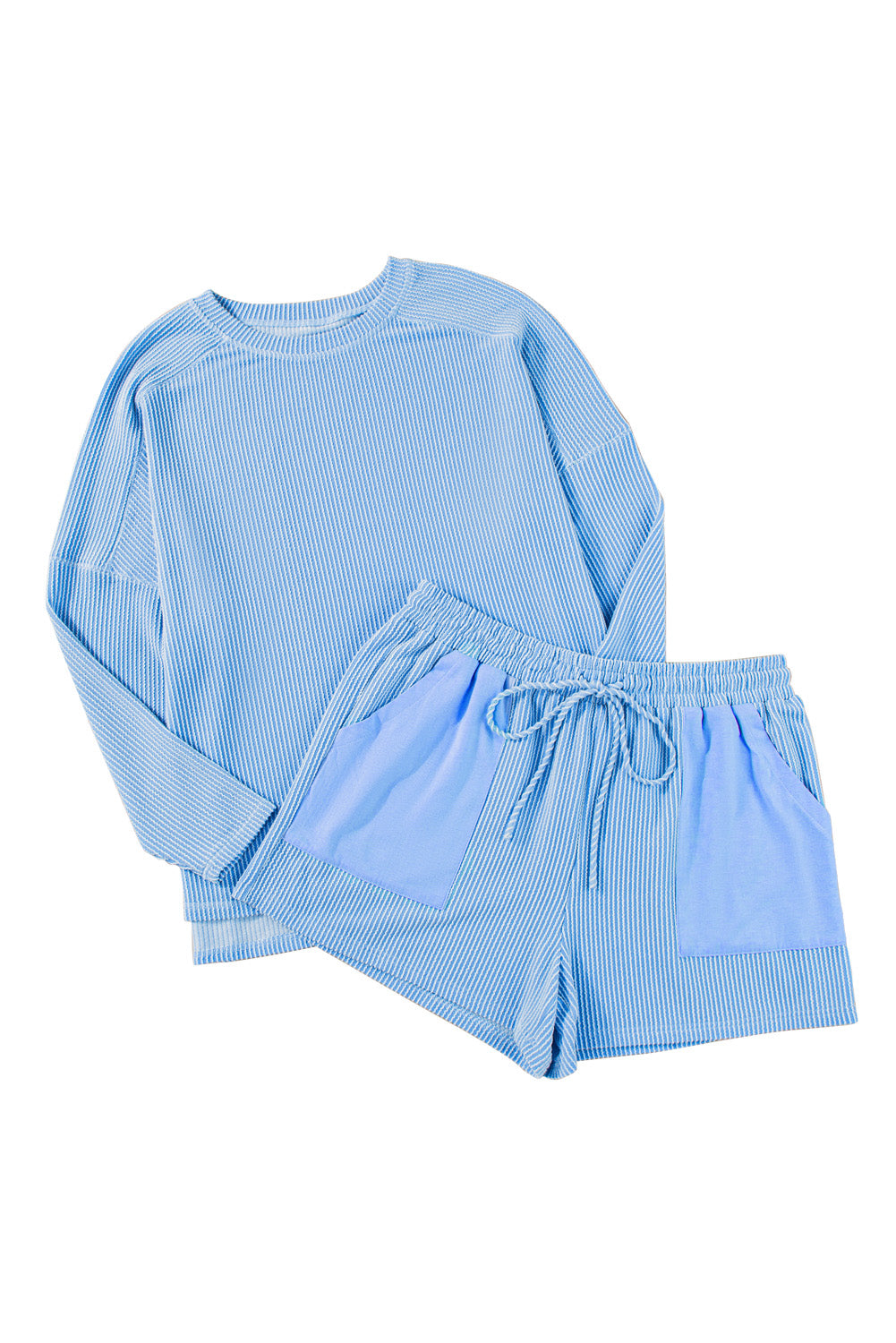 Light Blue Plus Size Ribbed Long Sleeve Top and Drawstring Shorts Set-Arriving 7/25