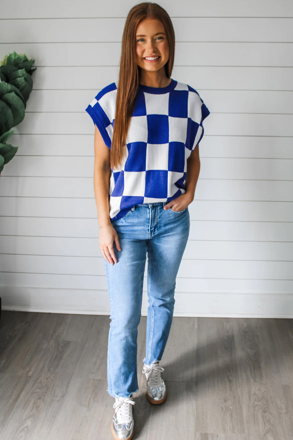 Dark Blue Checkered Knit Top