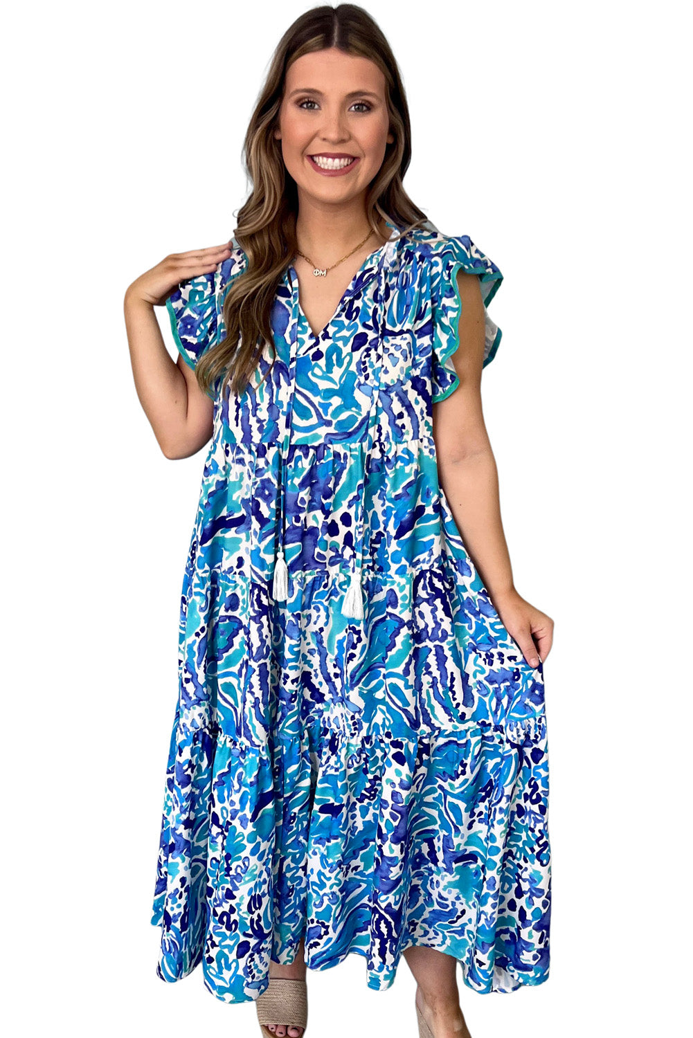 Sky Blue Abstract Print Split Neck Ruffle Tiered Dress