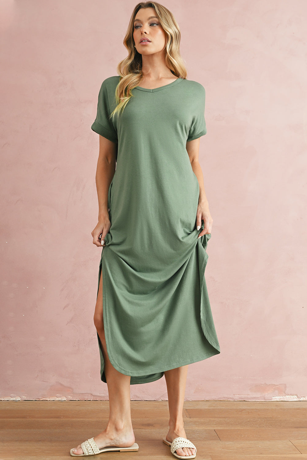 Solid Color Hidden Pocket V Neck Slit Maxi Dress