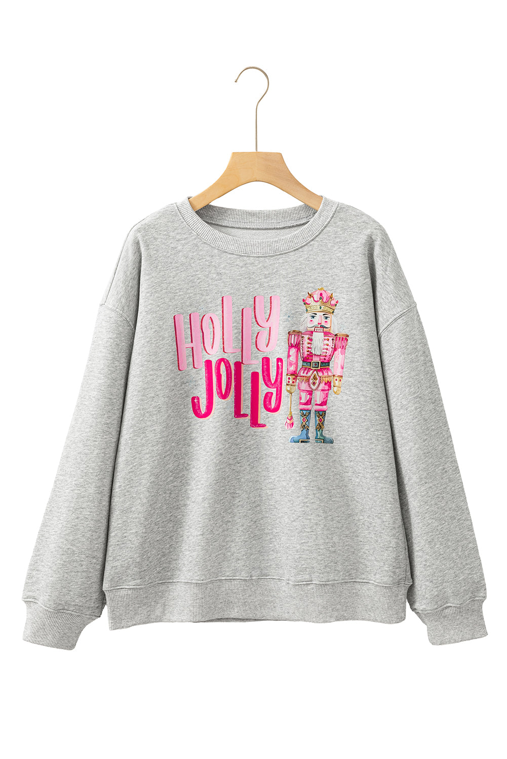 Gray HOLLY JOLLY Nutcracker Print Crew Neck Christmas Sweatshirt