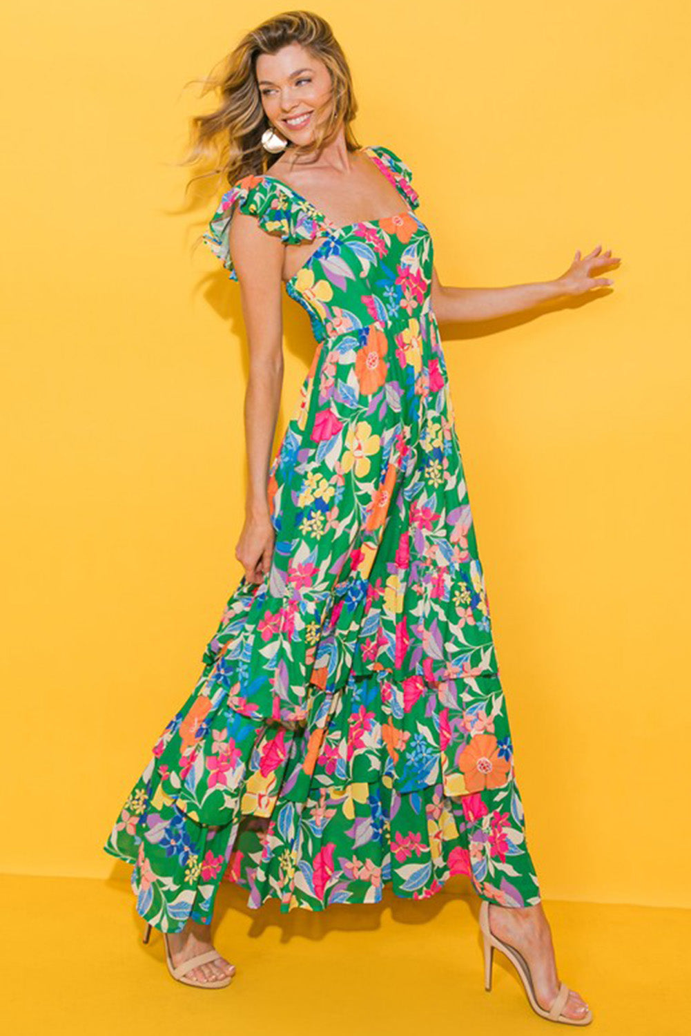 Boho Floral Print Ruffle Sleeveless Tiered Maxi Dress