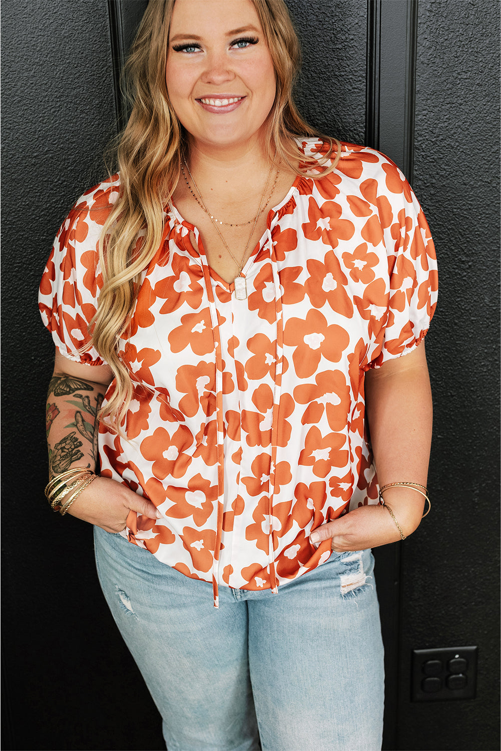 Orange Floral Print Drawstring V Neck Short Sleeve Blouse