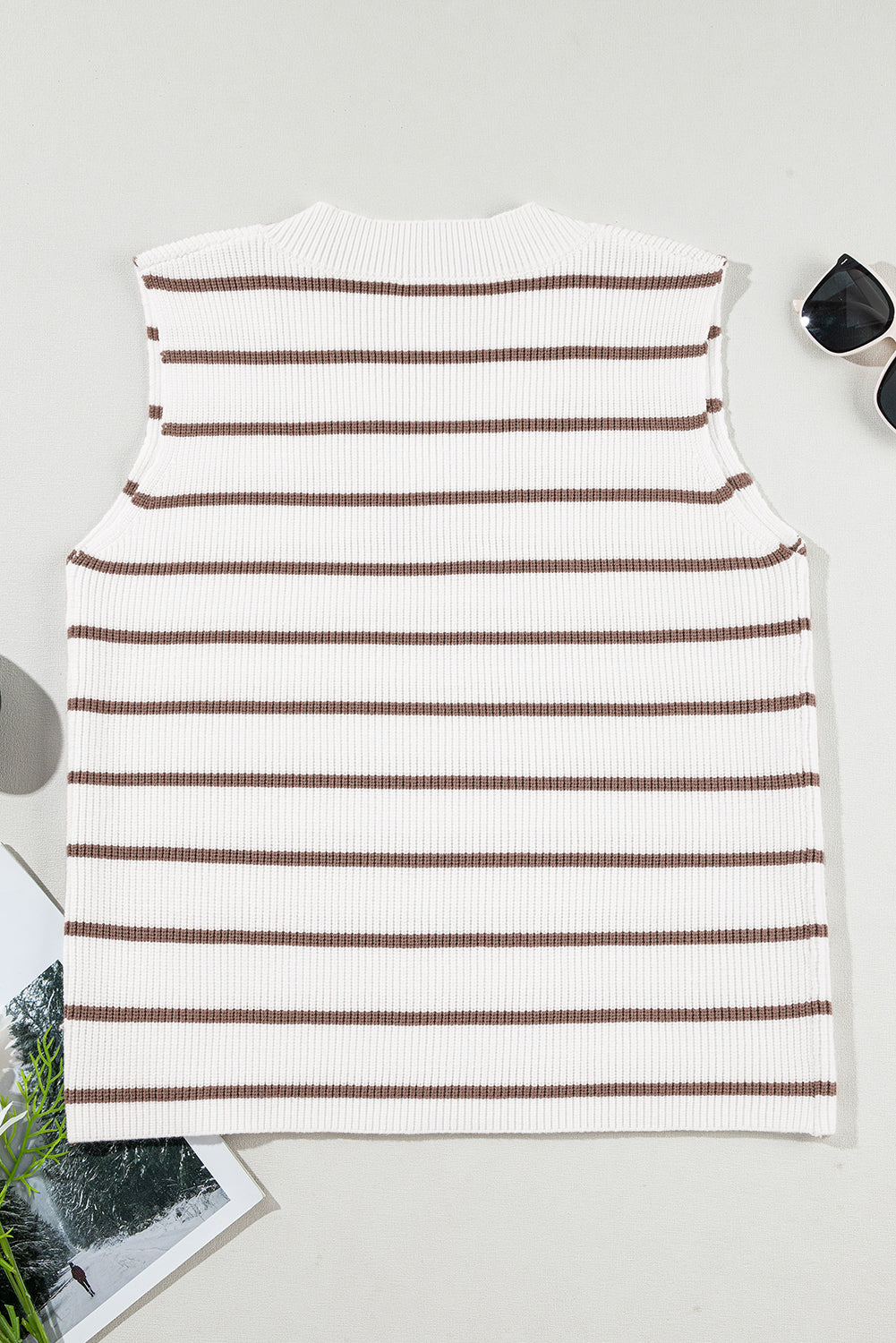 Khaki Stripe V Neck Loose Knitted Vest