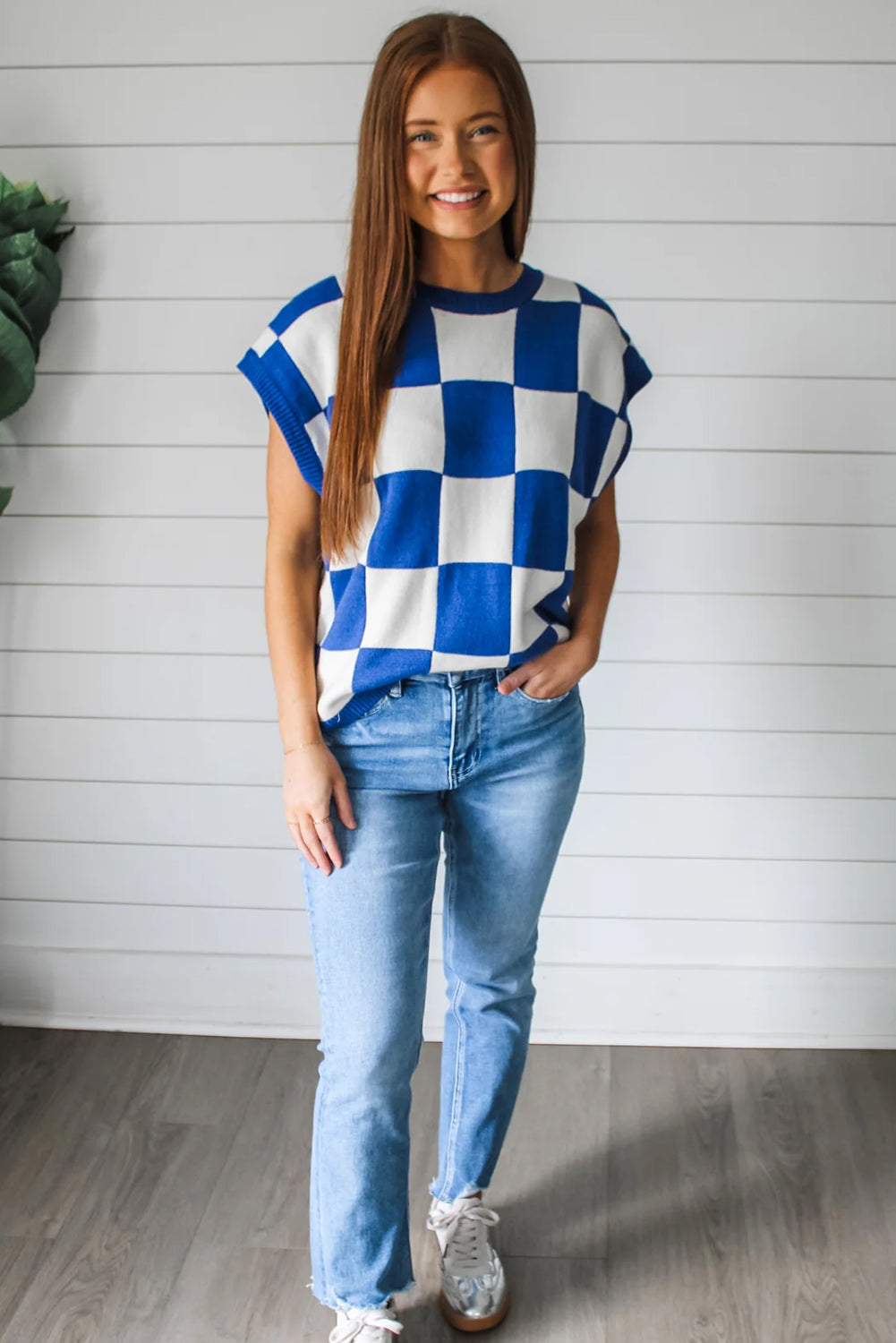 Dark Blue Checkered Knit Top