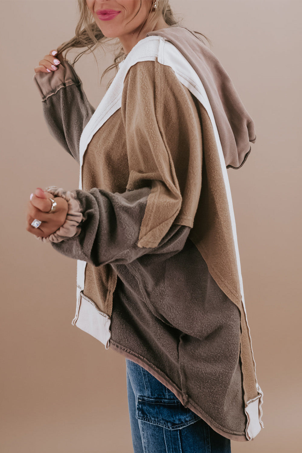 Brown Plus Size Exposed Seam Patchwork Sweatshirt