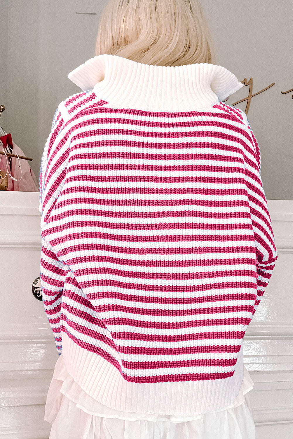 Striped Zip Up Collar Drop Sleeve Sweater