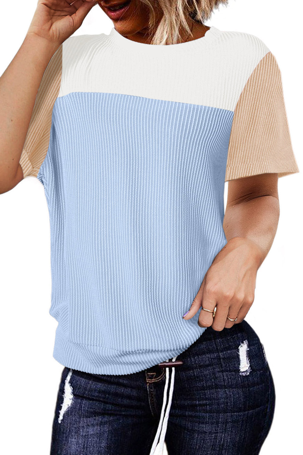 Ribbed Textured Colorblock T Shirt