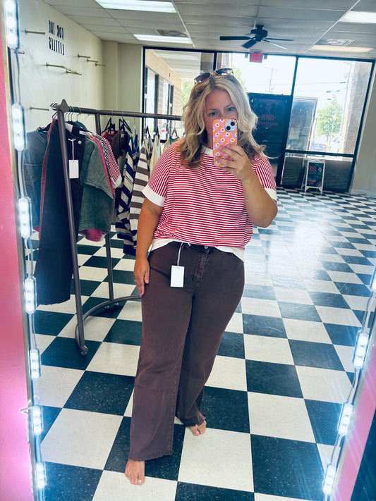 ZENANA STRIP TRIM RIB BANDED TOP