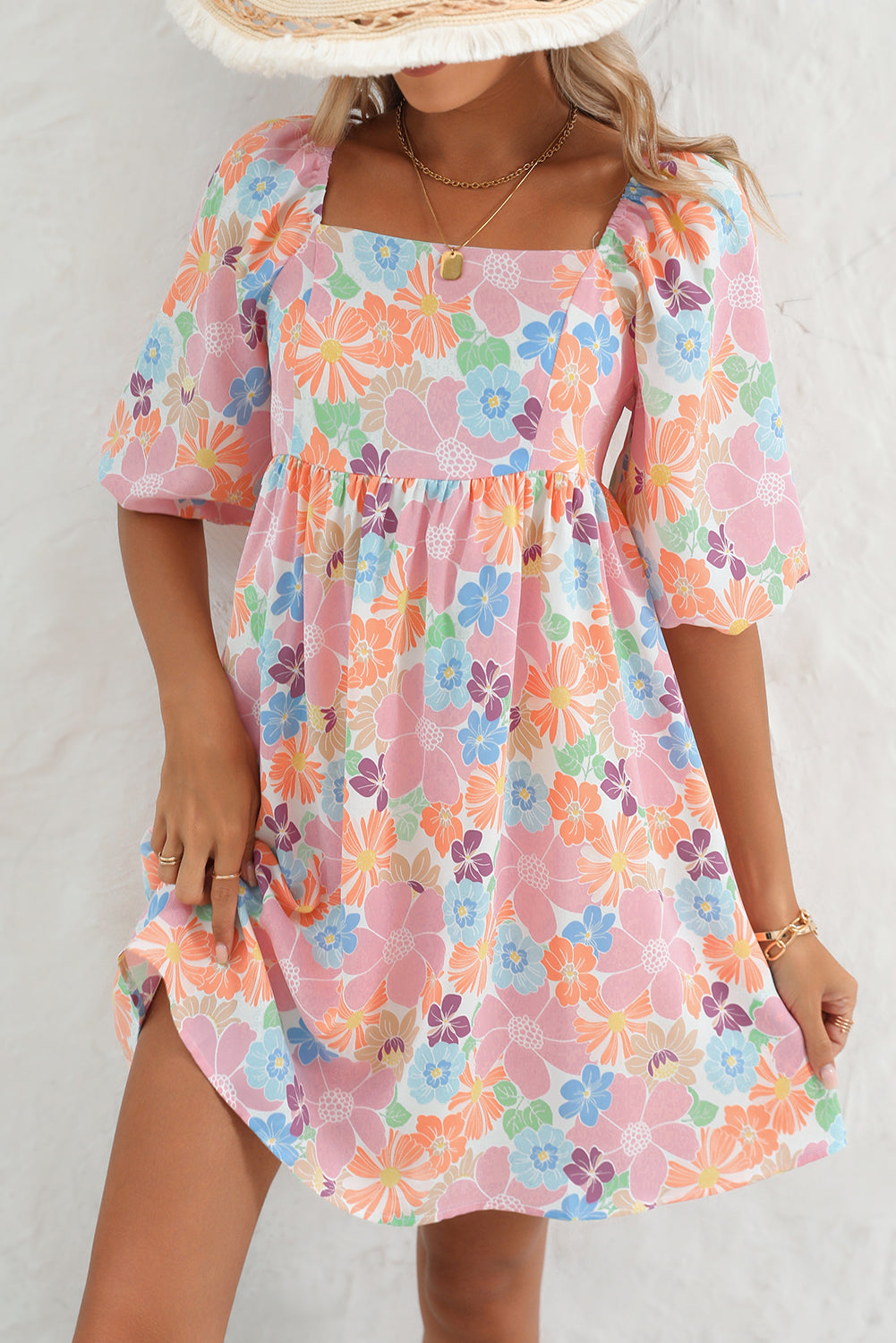 Rose Summer Floral Square Neck Puff Sleeve Babydoll Dress