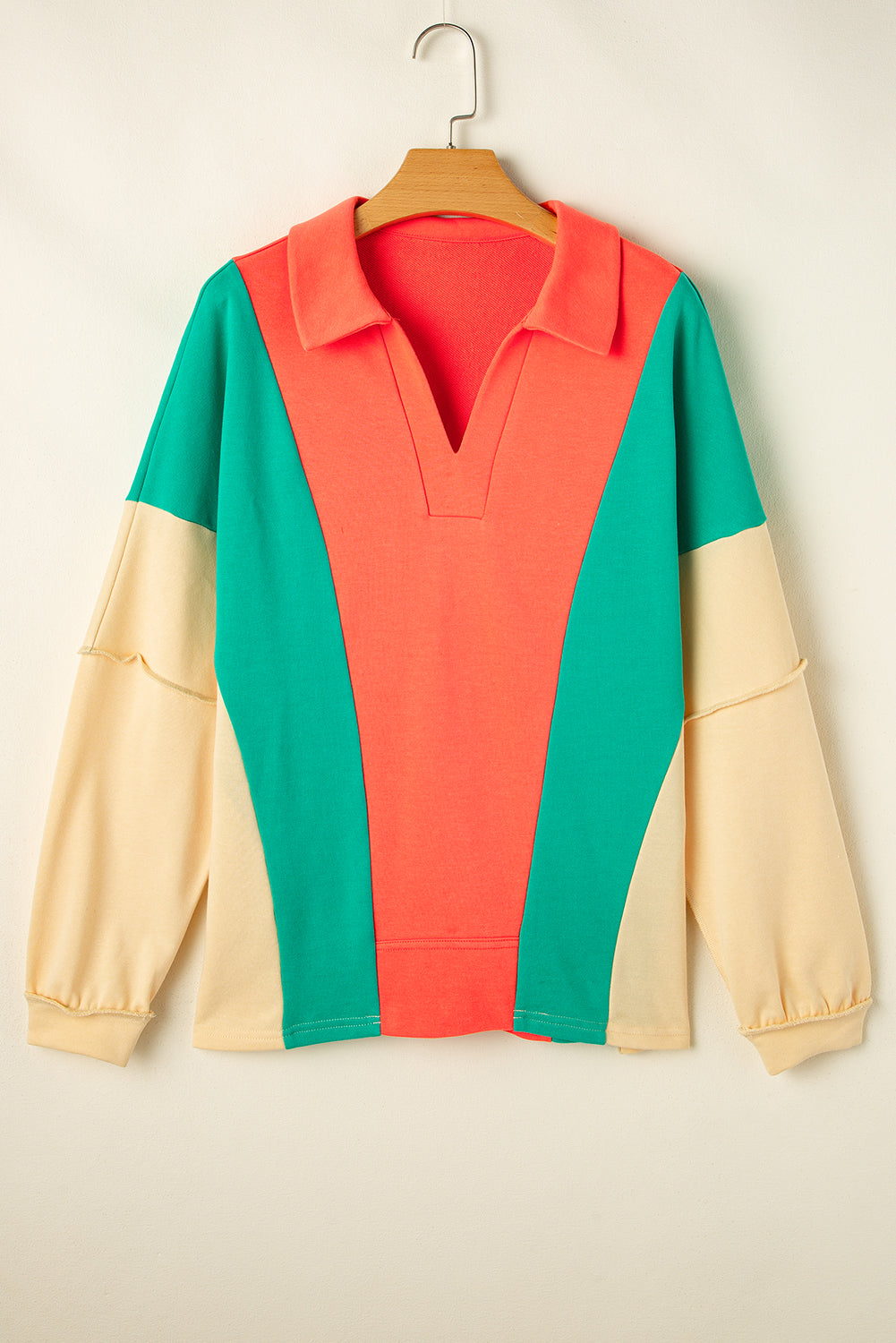 Green/Orange Color Block Patchwork Collared V Neck Loose Top