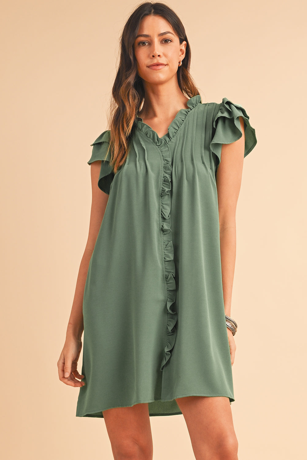 Mist Green Ruffle Trim Sleeve V Neck Pocketed Mini Dress