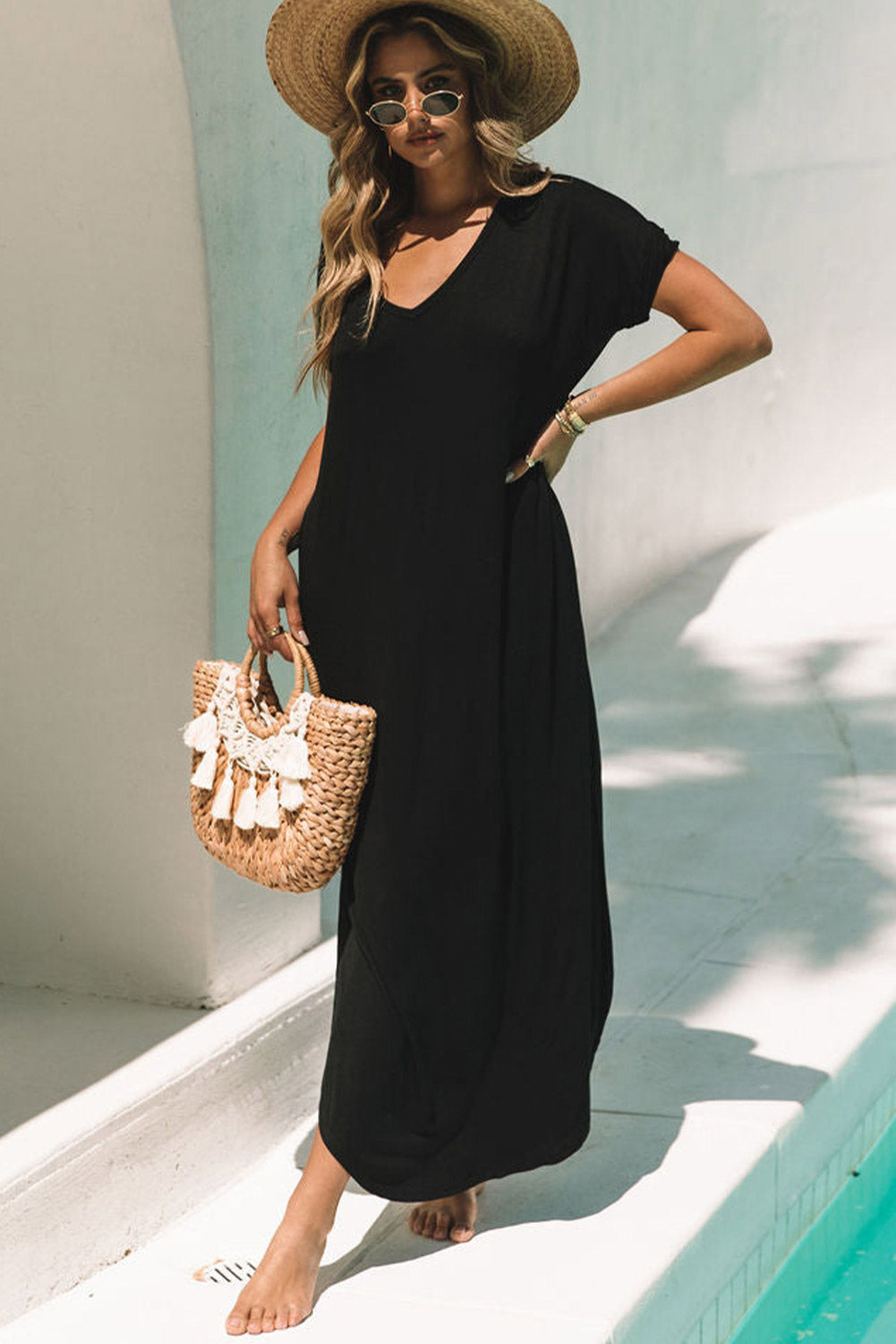 Solid Color Hidden Pocket V Neck Slit Maxi Dress