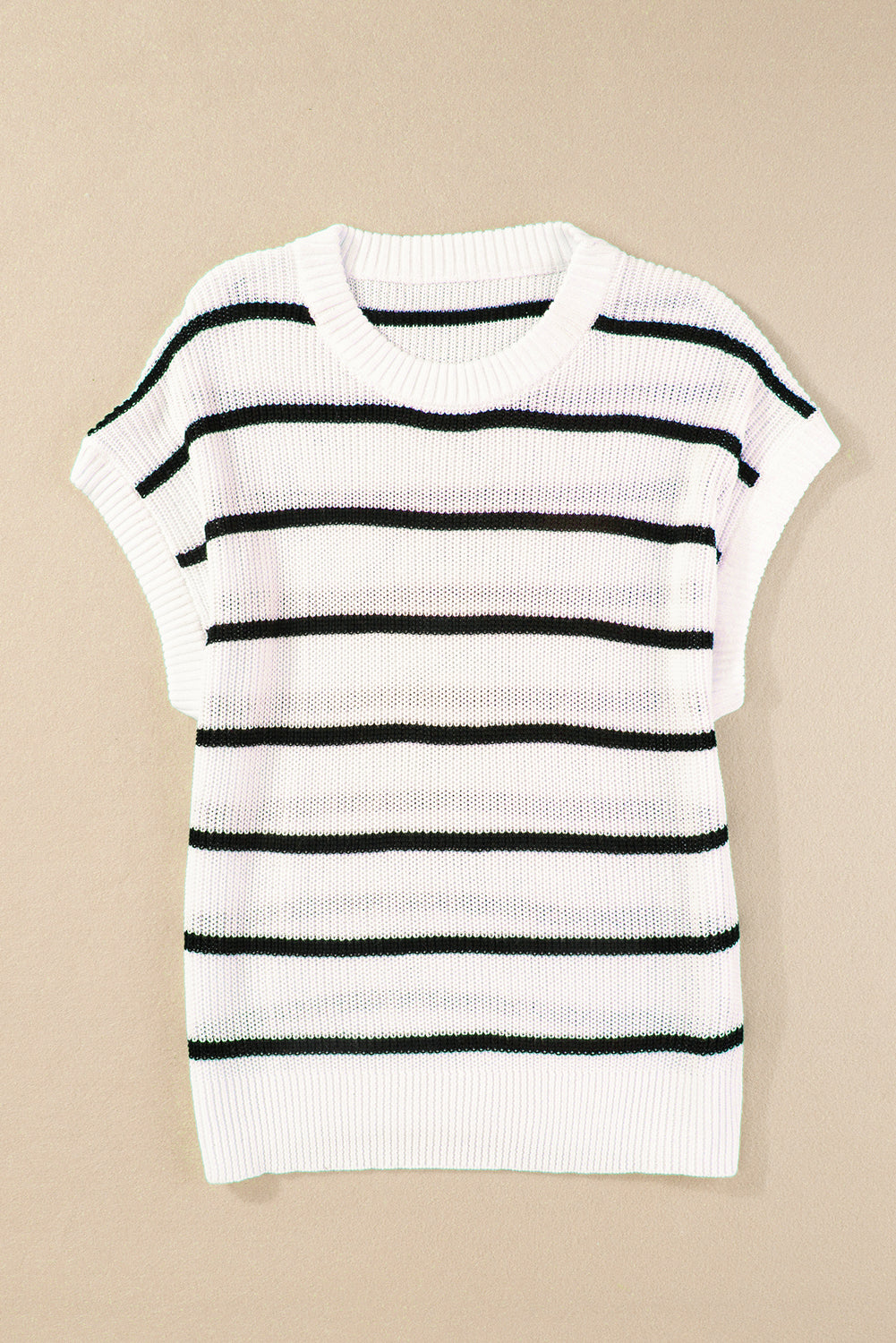 White Striped Pattern Batwing Short Sleeve Knit Sweater