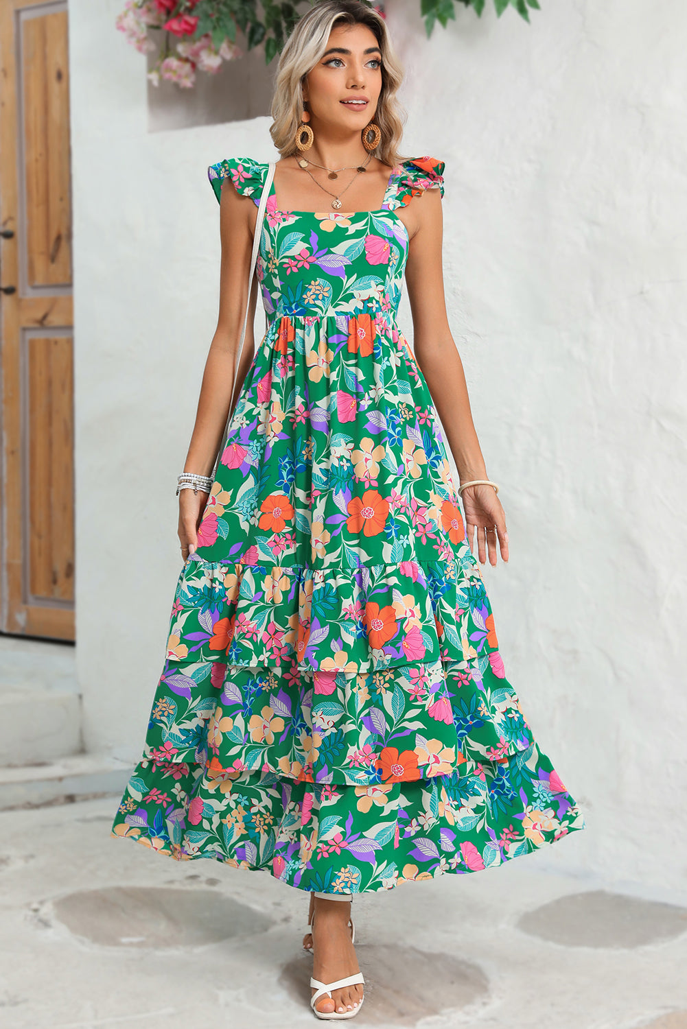 Boho Floral Print Ruffle Sleeveless Tiered Maxi Dress