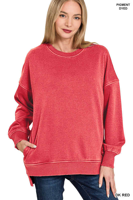 ZENANA PIGMENT DYE FLEECE HI-LOW HEM PULLOVER WITH POCKET