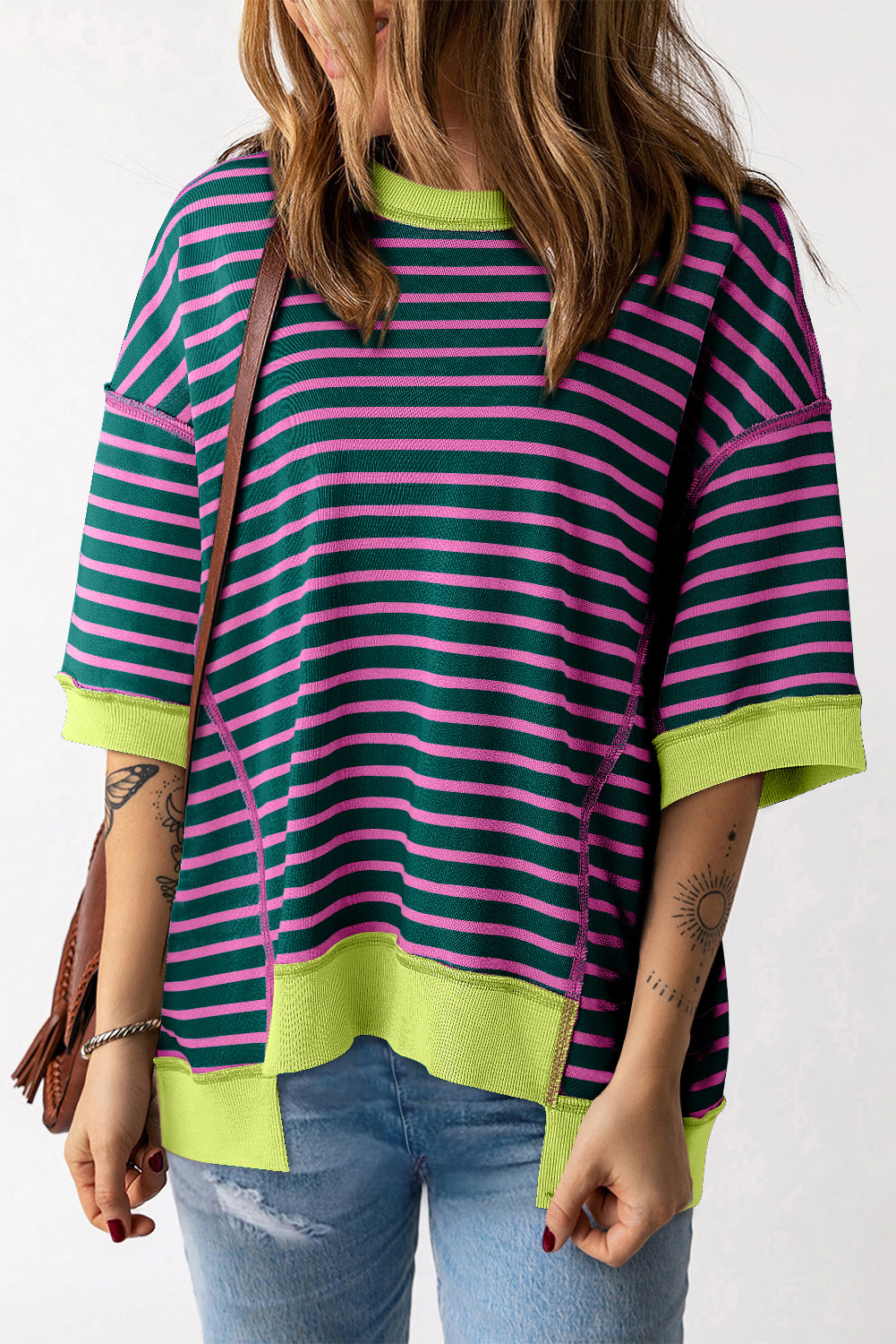 Stripe Colorblock Drop Sleeve Oversized T Shirt