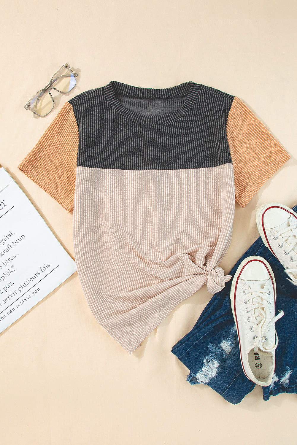 Ribbed Textured Colorblock T Shirt