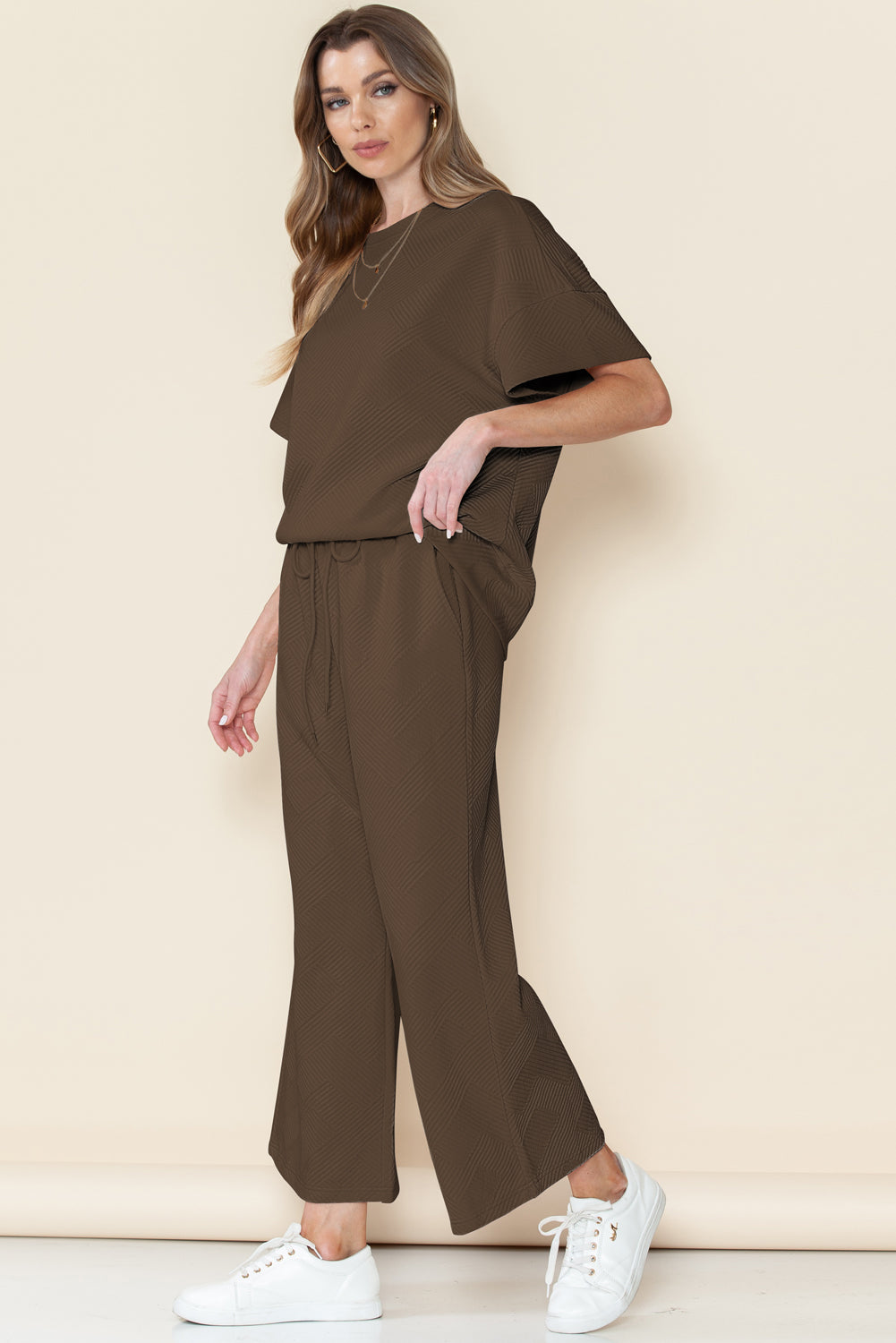 Textured Loose Fit T Shirt and Drawstring Pants Set