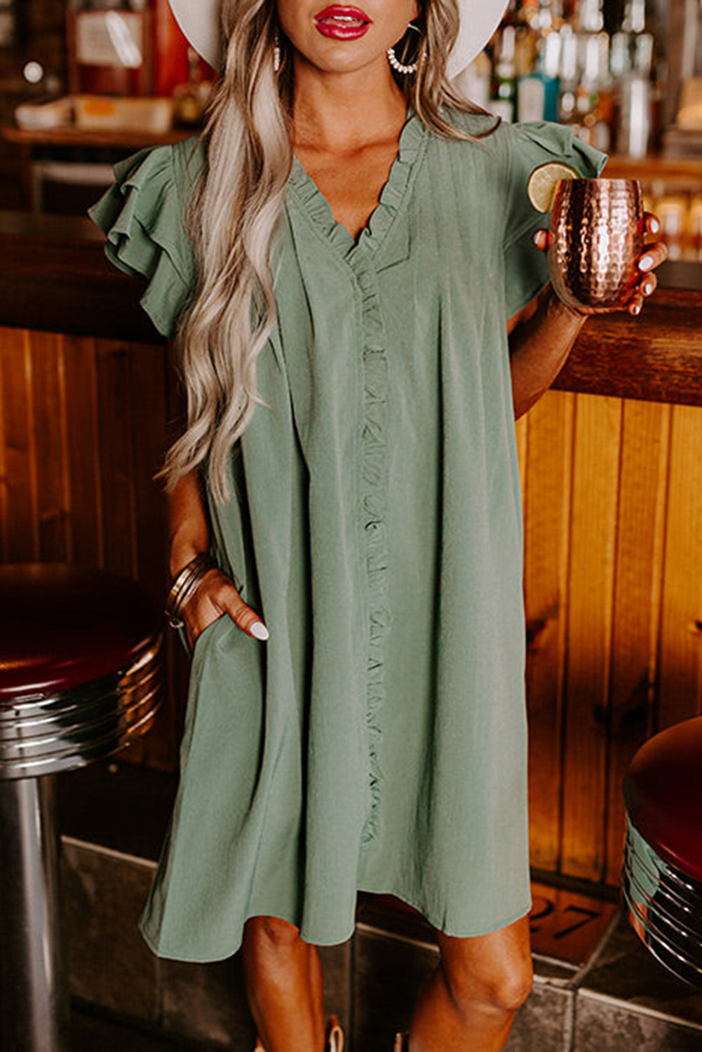 Mist Green Ruffle Trim Sleeve V Neck Pocketed Mini Dress