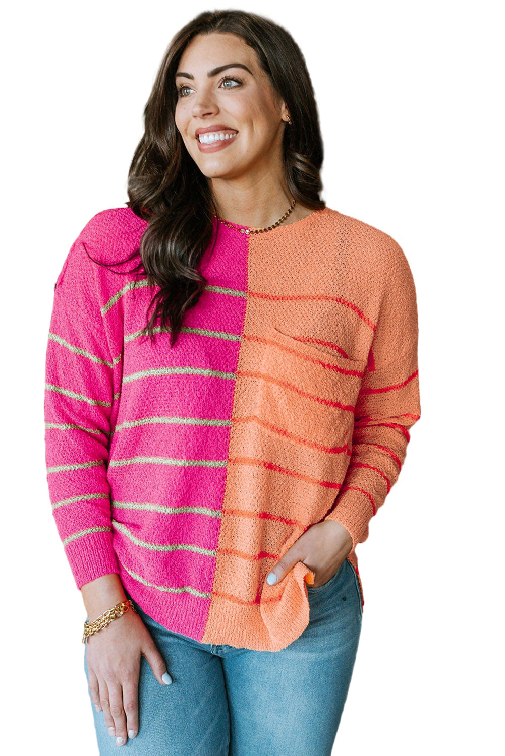 Yellow PColor Block Striped Knit Sweater