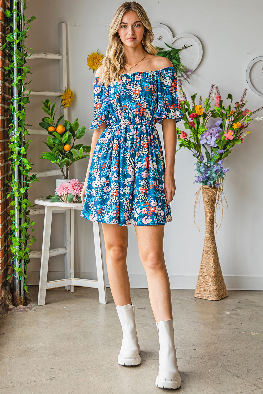 Bohemian Floral Print Off Shoulder Short Dress