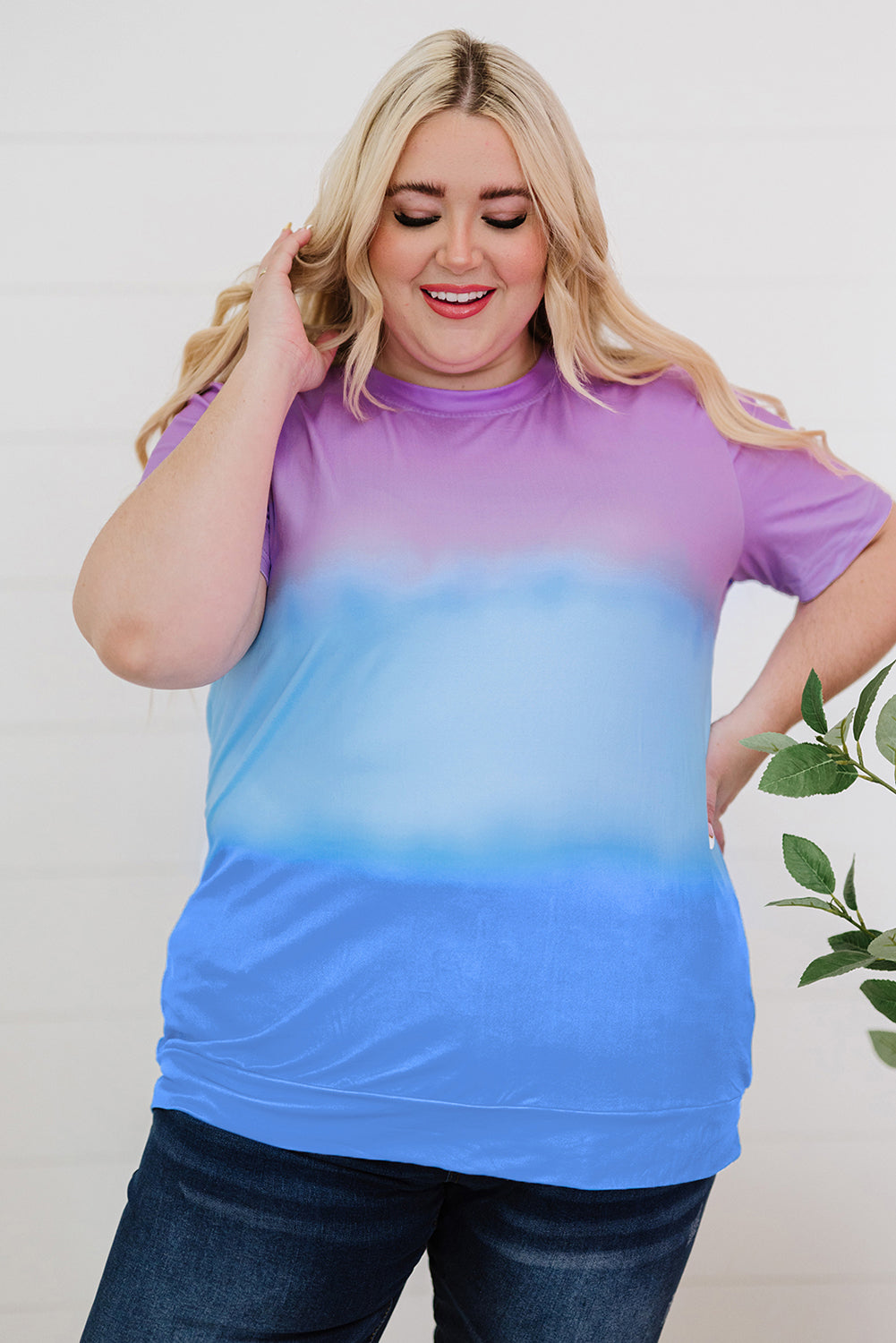 Purple Casual Crew Neck Tie-dye Colorblock Plus Size Tee