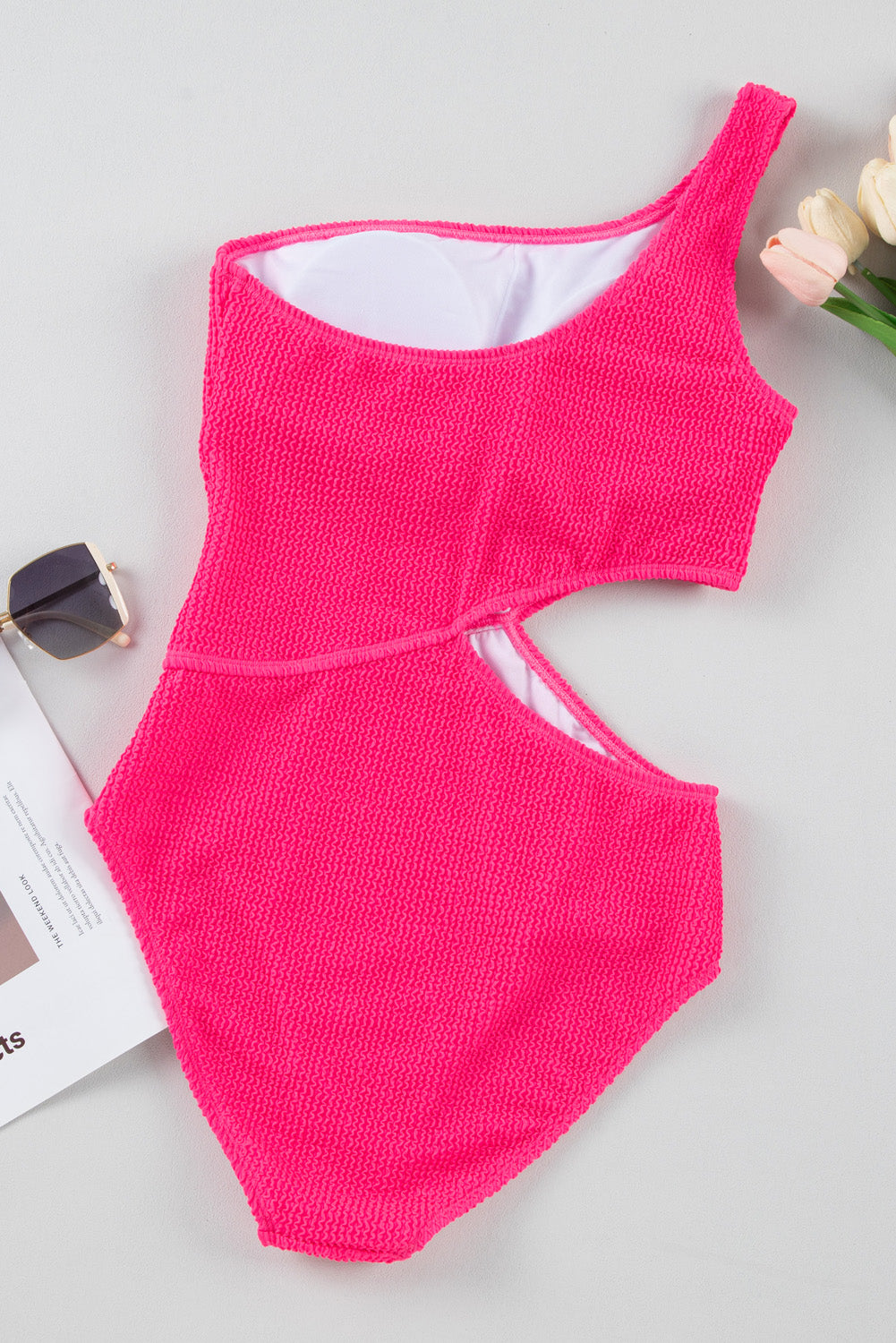 Bright Pink Solid Textured Cut Out Asymmetric One Piece Swimsuit