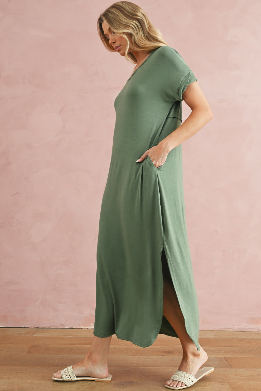 Solid Color Hidden Pocket V Neck Slit Maxi Dress