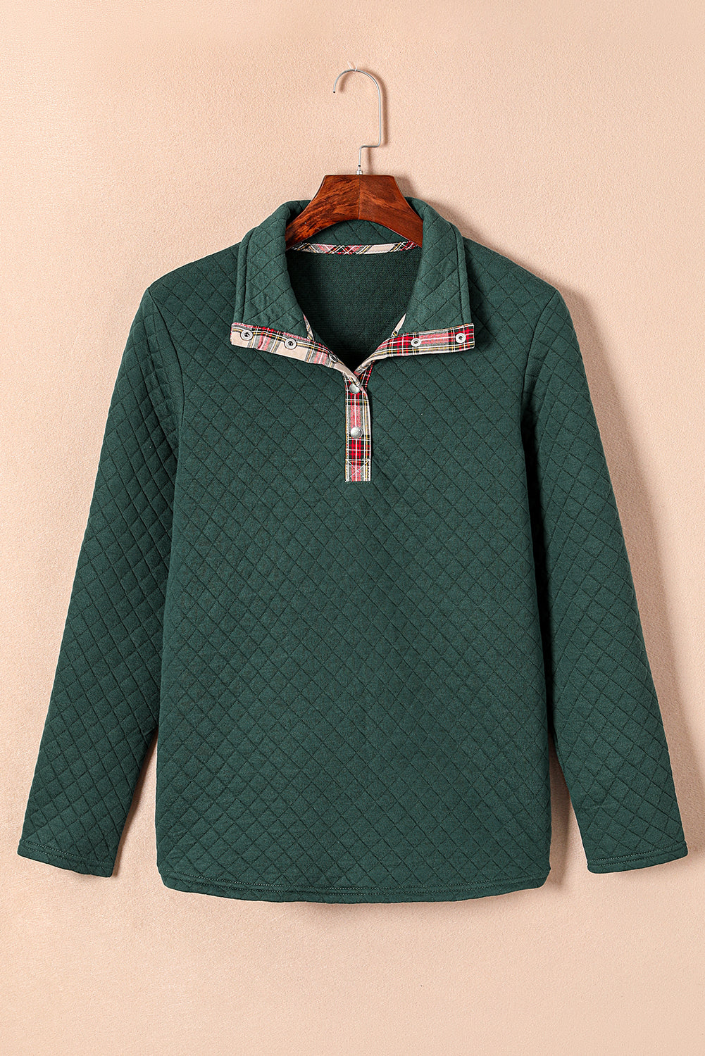 Green Plaid Geometric Texture Trim Buttons Neck Quilted Sweatshirt