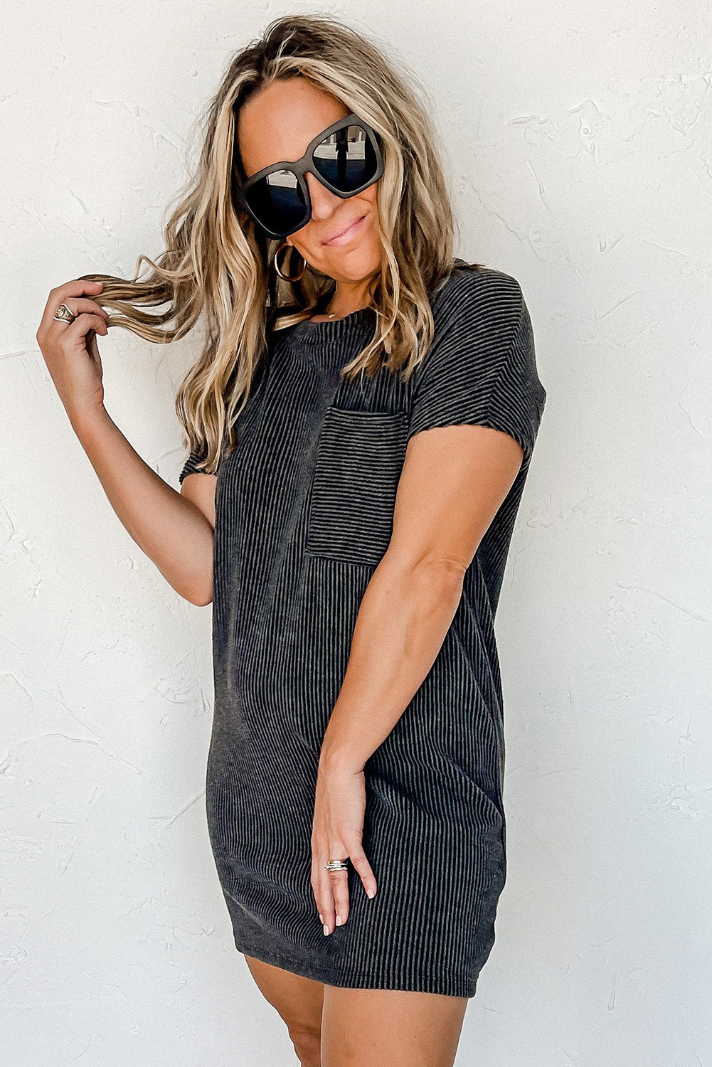 Grey Ribbed Short Sleeve Chest Pocket Casual T Shirt Dress