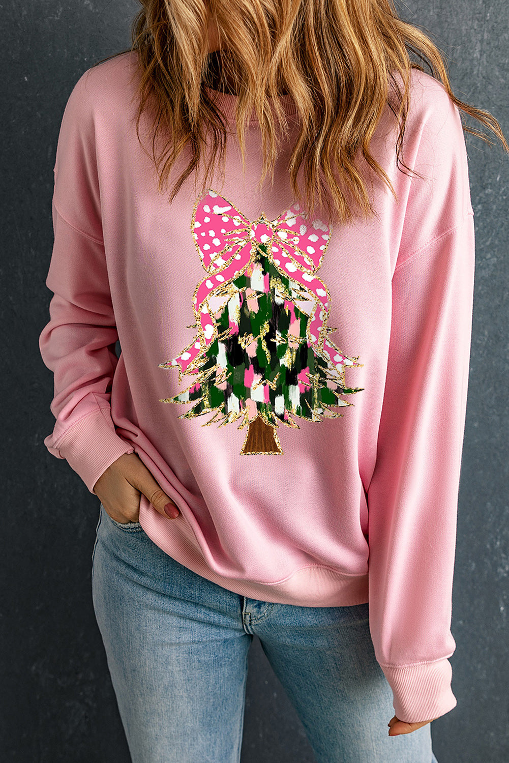 Pink Glittering Bowknot Christmas Tree Graphic Sweatshirt