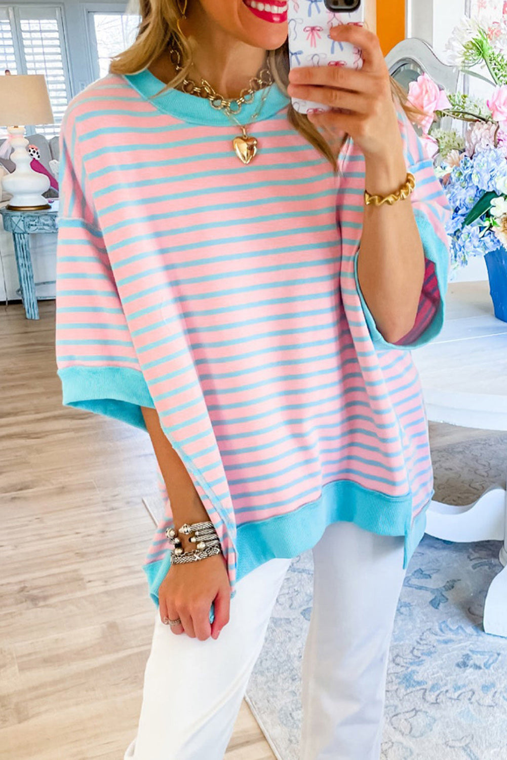 Stripe Colorblock Drop Sleeve Oversized T Shirt