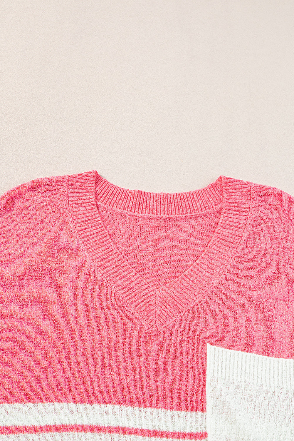 Strawberry Pink Striped Colorblock V Neck Knitted T Shirt