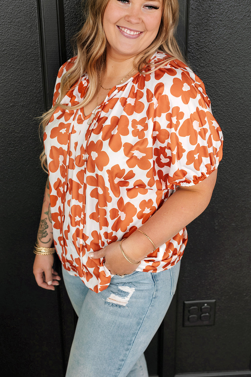 Orange Floral Print Drawstring V Neck Short Sleeve Blouse